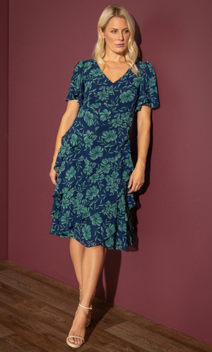 Floral Print Tiered Chiffon Dress - Midnight/Emerald