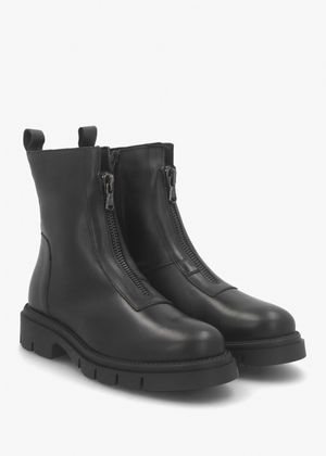 Lippy Black Leather Front Zip Ankle Boots