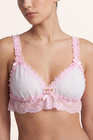 Sheer Frilly Lace Bralette - White/Baby Pink
