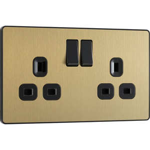 PCDSB22B Screwless Double Switched Socket with Black Insert in Satin Brass