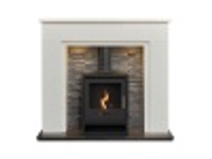 Acantha Rimini White Marble Fireplace with Downlights & OKO S1 Bio Ethanol Stove in Charcoal Grey, 48 Inch