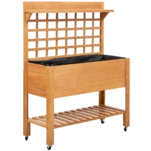 Outsunny 41.25"x15.75"x53.25" Wooden Planter Raised Elevated Garden Bed Planter Flower Herb Boxes for Vegetables Flower with Shelf and Wheels Solid Wood Outdoor/Indoor
