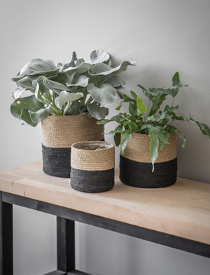 Jute Striped Pots - Black & Natural, Set of 3