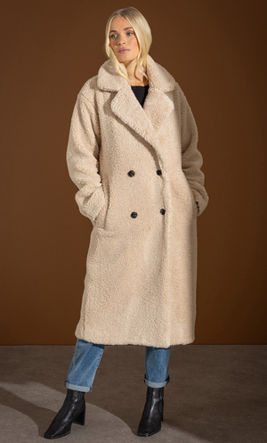 Longline Double Breasted Teddy Coat - Almond