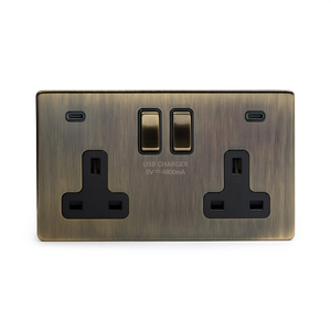 The Charterhouse Collection Antique Brass 2 Gang USB C+C Socket (13A Socket + 2 USB C 4.8A Ports)