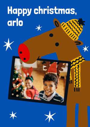 Jolly And Festive Happy Christmas Illustrated Reindeer In A Hat And Scarf Photo Upload Christmas Card
