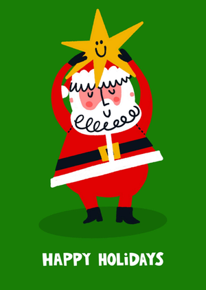 Cute Festive Happy Holidays Illustrated Santa Claus Holding Up And Star Christmas Card