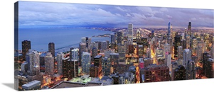 Aerial View Of Chicago Skyline With Skyscrapers Over Lake Michigan At Dusk