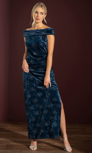 Embellished Velour Bardot Maxi Dress - Teal