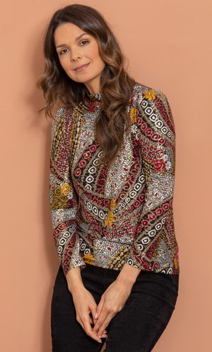 High Neck Foil Print Stretch Top - Black/Red
