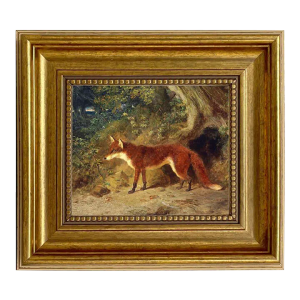Fox and Feathers Framed Oil Painting Print on Canvas in Antiqued Gold Frame A 5 X 6" Framed to 8-1/2 X 9-1/2"