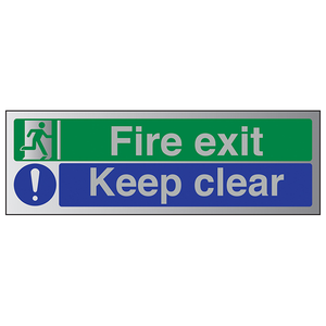 Fire Exit / Keep Clear 600 x 200 mm - 3mm Brushed Aluminium Com