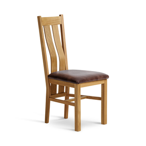 Arched Back Natural Solid Oak Chair with Vintage Brown Leather Look Fabric Seat