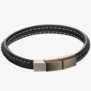 Fred Bennett Stainless Steel Brushed Finish Plaited Navy Leather Bracelet B5119