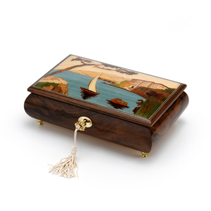 Natural Burl Walnut 18 Note Italian Music Box with Scenes of Sorrento Part 2 Inlay