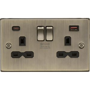 CS9945AB Decorative Double Switched Socket with Dual USB Charger Slots A+C FASTCHARGE In Antique Brass