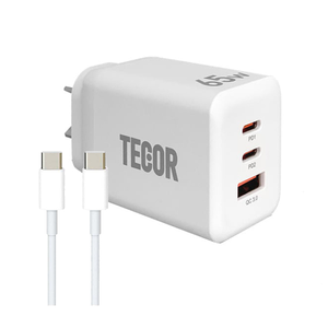 65W 3-Port 2x USB-C & 1x USB-A GaN Charger with 2M USB-C to USB-C PD Fast Charging & Data Cable