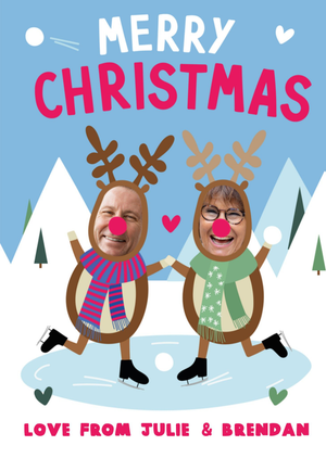 Fun Reindeers Ice Skating Face In Hole Photo Upload Christmas Card