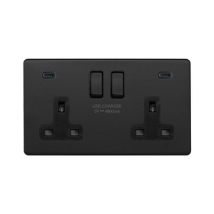 Soho Lighting Matt Black 2 Gang USB C+C Socket (13A Socket + 2 USB C 4.8A Ports)