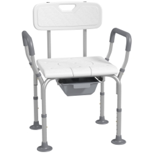 HOMCOM Height Adjustable Shower Stool with Arms and Back, Non-Slip Bedside Commode with Detachable Bucket for Elderly, White