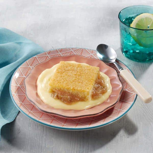 Lemon Sponge with Rhubarb & White Chocolate Custard