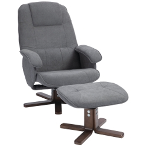 HOMCOM Linen Swivel Recliner Chair with Footstool, Upholstered Reclining Armchair with Wooden Base for Living Room, Grey