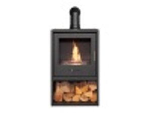 OKO S3 Bio Ethanol Stove with Log Storage in Charcoal Grey & Angled Stove Pipe