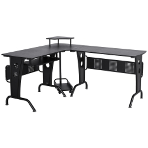 HOMCOM L-Shaped Computer Desk for PC, Corner Table for Small Spaces with Elevated Shelf, Keyboard Tray, CPU Stand, Home Office Workstation, Black