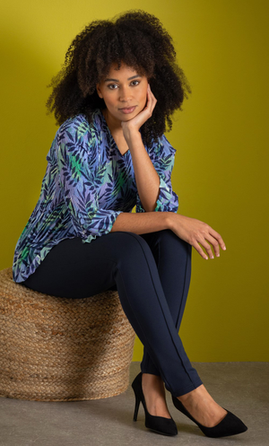 Leaf Print Pleated Top - Blue/Green