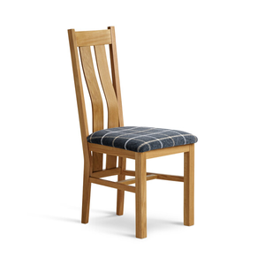 Arched Back Natural Solid Oak Chair with Checked Slate Grey Fabric Seat