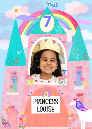 Sweet Katt Jones Illustrated Princess Castle And Unicorn Photo Upload Birthday Card