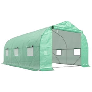 Outsunny Invernadero de Túnel 450x300x205 cm Invernadero de Jardín con 6 Ventanas Cubierta de Polietileno PE 140 g/m² y Estructura de Acero para Cultivo Plantas Jardín Terraza Verde