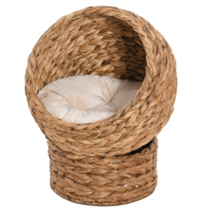 PawHut Elevated Wicker Cat Bed, Woven Banana Leaf Kitten Basket Cozy Cave with Soft Cushion, 40x37x51cm