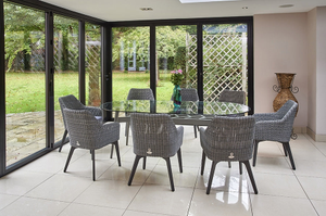 230cm Henley Oval Dining Table with Metal frame and Glass top and 8 Cliveden Armchairs with Grey Fabric + Metal Legs
