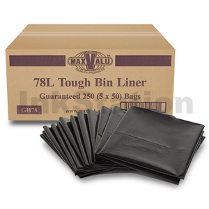 78L Premium All-Purpose Bin Liners Black 91x76cm - 250 Bags