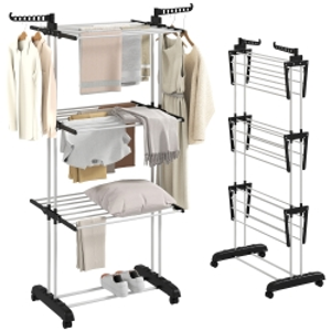 HOMCOM Tendedero de Ropa Plegable con Ruedas 3 Niveles con Alas Plegables y Colgadores 73x64x172 cm Negro y Blanco