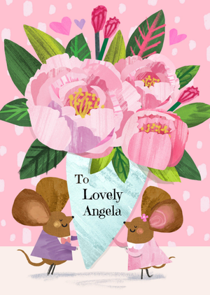 Illustrated Bouquet Of Flowers And Mice Card