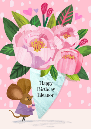 Illustrated Mouse And Bouquet Of Flowers Birthday Card