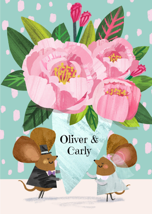 Cute Wedding Mice With Bouquet Illustrated Wedding Card