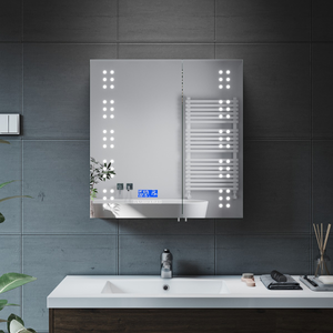 ELEGANT 630 x 650mm Illuminated Bathroom Mirror Cabinet with Bluetooth Speaker Stainless Steel 2 Door Shaver Socket Bathroom Wall Cabinets