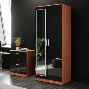 ELEGANT Soft Close 2 Door Mirror Wardrobe In Black And Walnut High Gloss Finish Closet