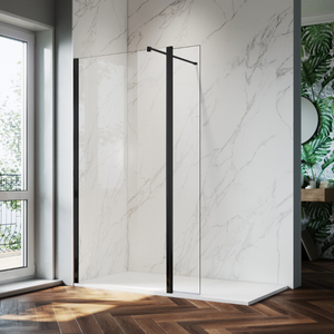 ELEGANT Black Fittings 760mm Clear Easy Clean Walk-In Shower Screen With Return Panel Wet Room Screen