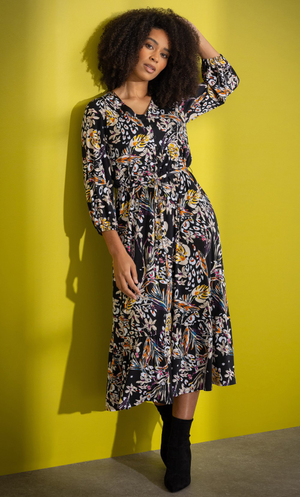 Printed Blouson Sleeve Midi Dress - Black/Pink/Yellow