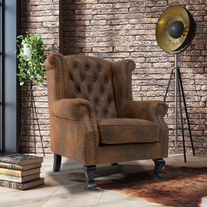 Faux Leather Brown Suede Balmoral Wing Back Chair with Buttons