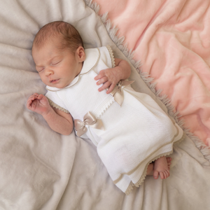 Girls White & Taupe Satin Bow Knitted Dress & Pants - DISCONTINUED