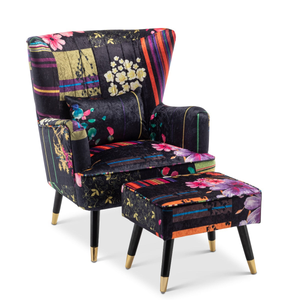 Fabric Black Patchwork Victoria Accent Wingback Chair with Footstool
