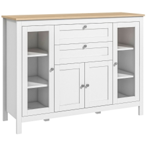 HOMCOM Aparador de Cocina con Armario 2 Cajones 2 Puertas de Vidrio y Estantes Ajustables Muebles Auxiliar de Almacenaje para Comedor Salón 120x40x90 cm Blanco