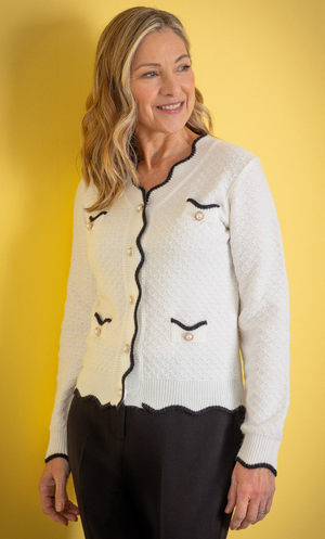 Anna Rose Scalloped Edge Cardigan - Ivory/Black
