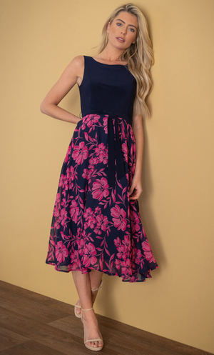 Floral Printed Sleeveless Dress - Navy/Pink