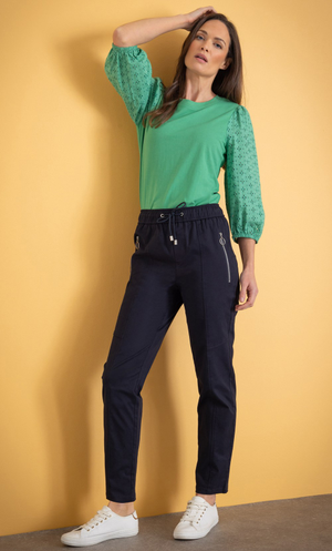 Pull On Cotton Stretch Slim Leg Trousers - Navy